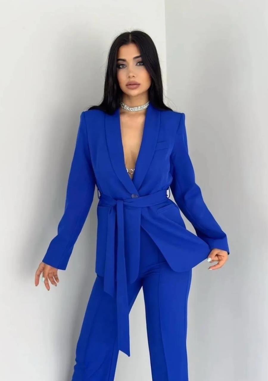 Saks Mavi Kuşaklı Blazer Takım