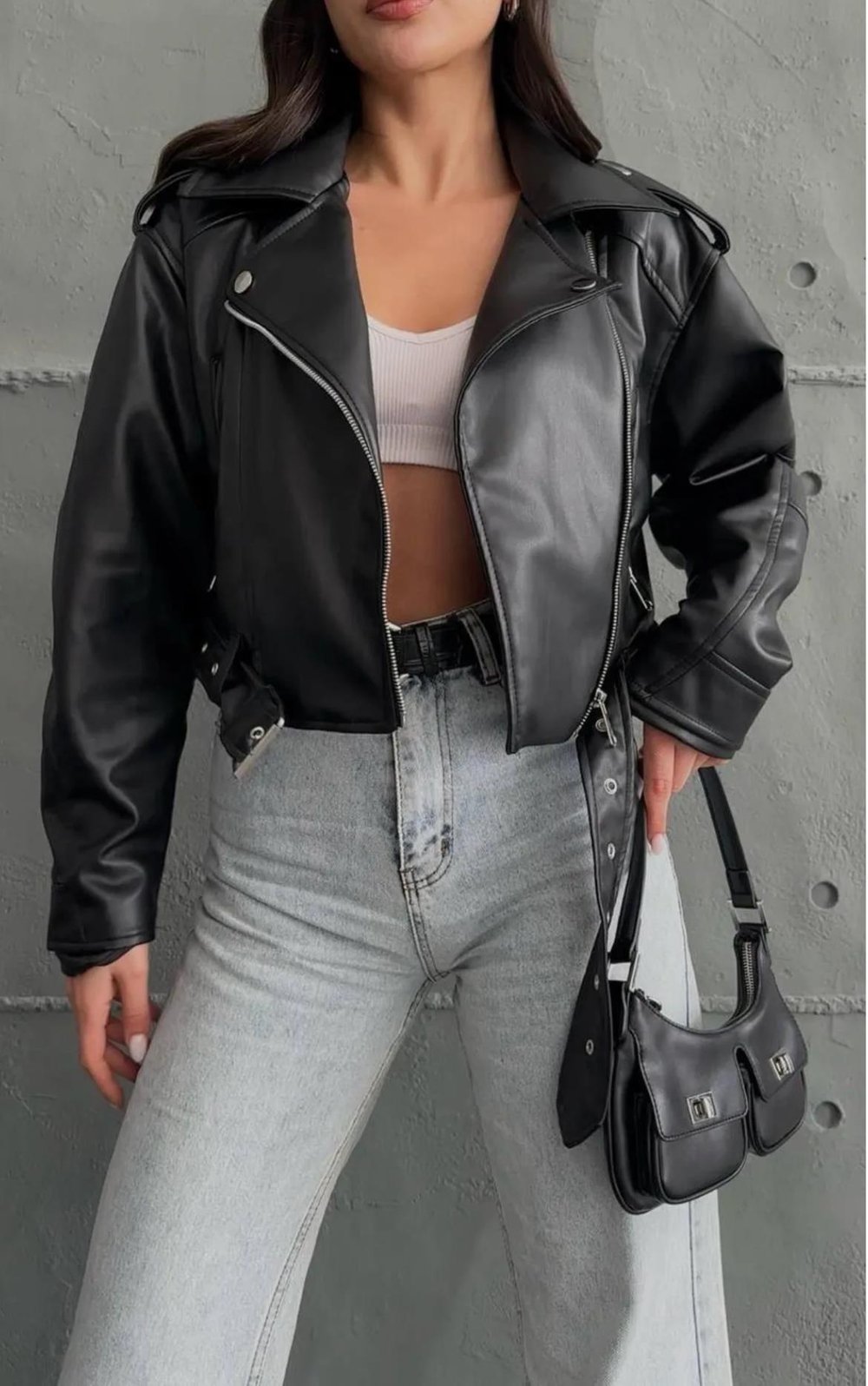 Siyah Biker Crop Deri Ceket