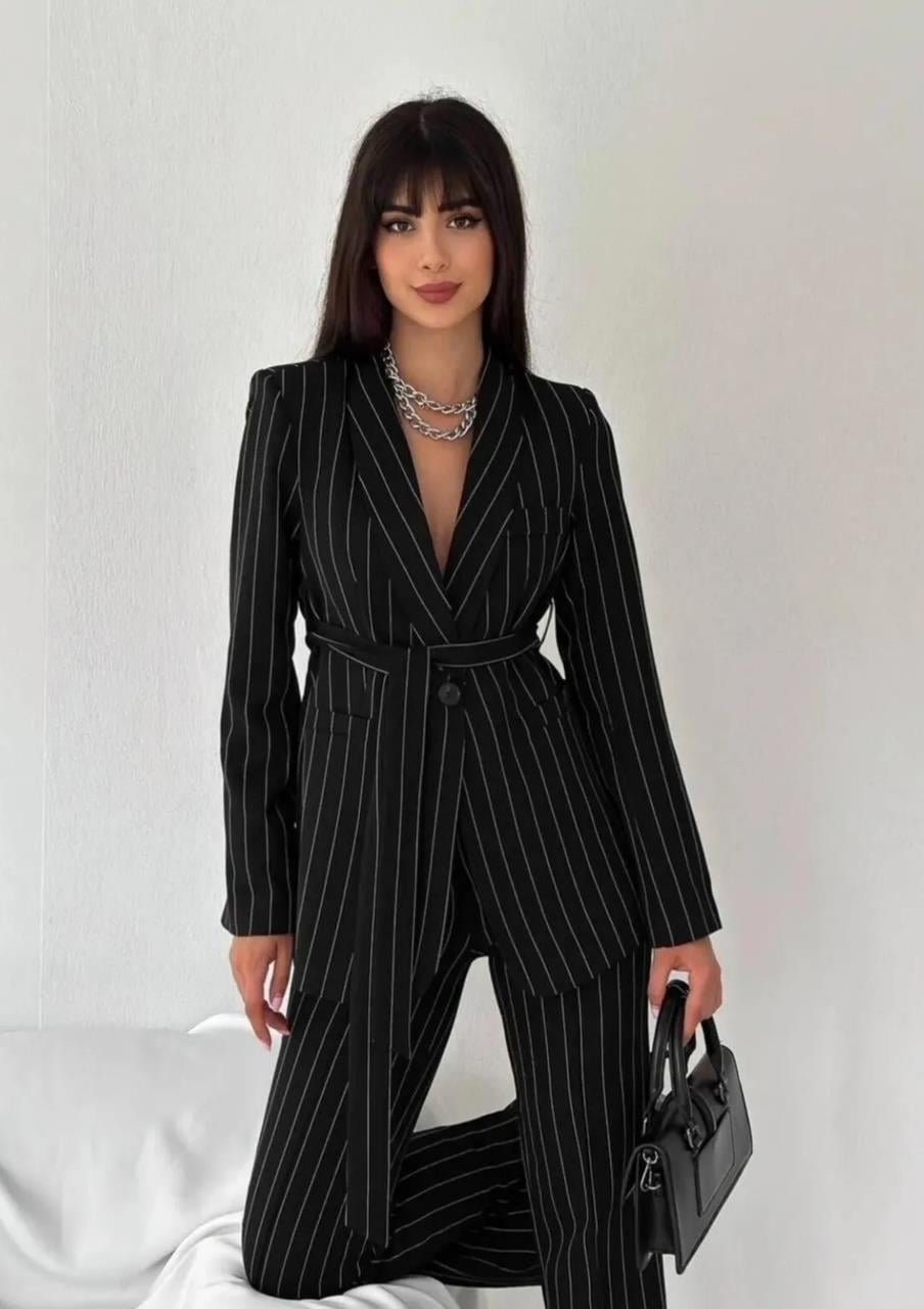 Siyah Çizgili Kuşaklı Blazer Takım