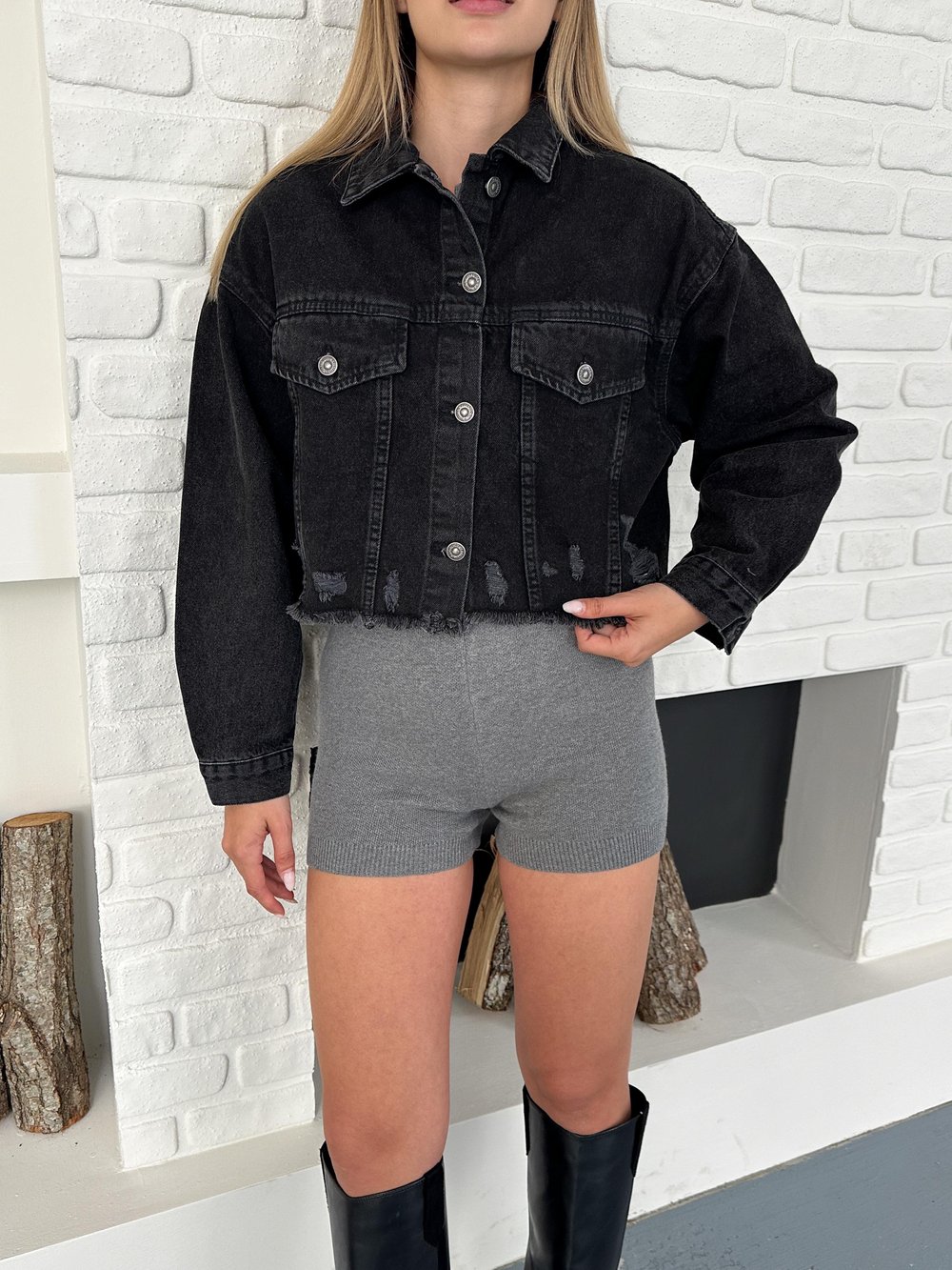 Siyah Crop Denım Kot Ceket