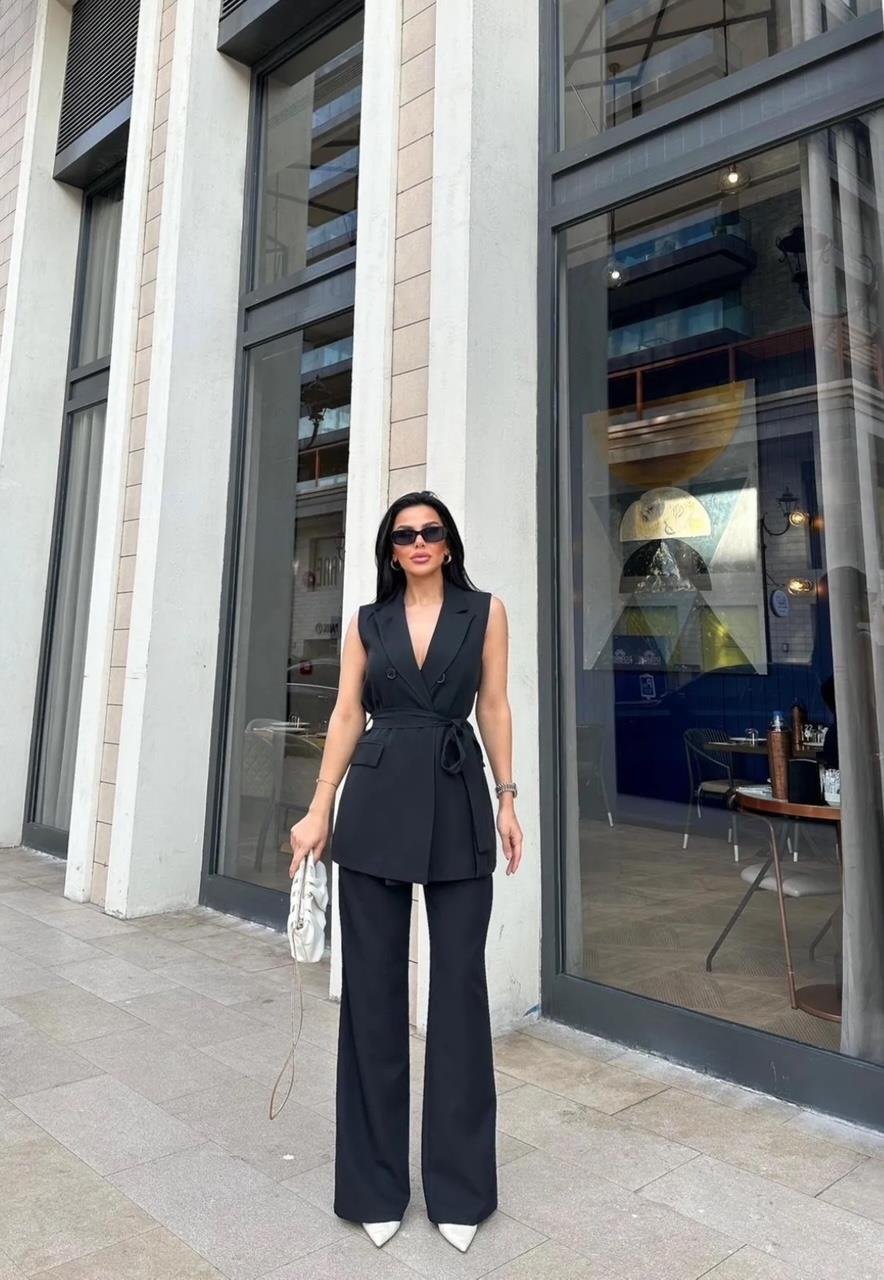 Siyah Düğmeli Kuşaklı Yelek Pantolon Blazer Takım