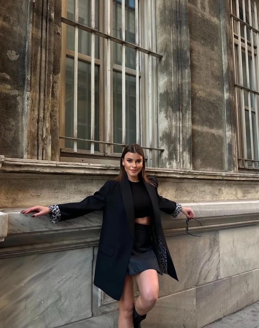 Siyah Leopar Astarlı Blazer Ceket