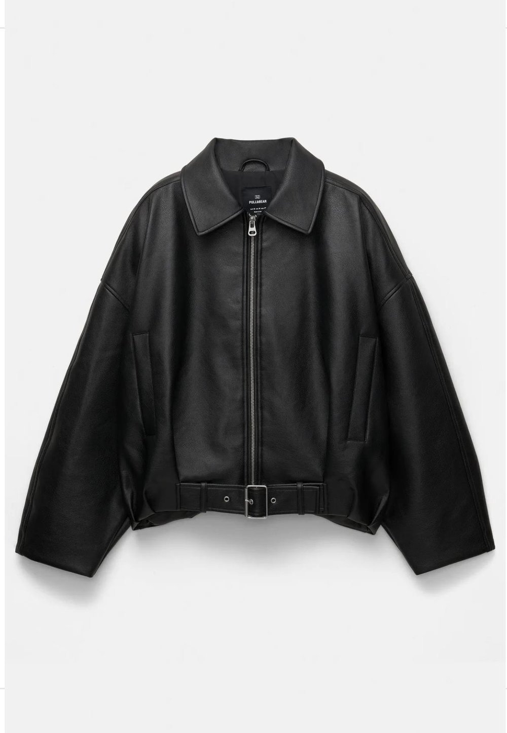 Siyah Oversize Kemerli Bomber Deri Ceket