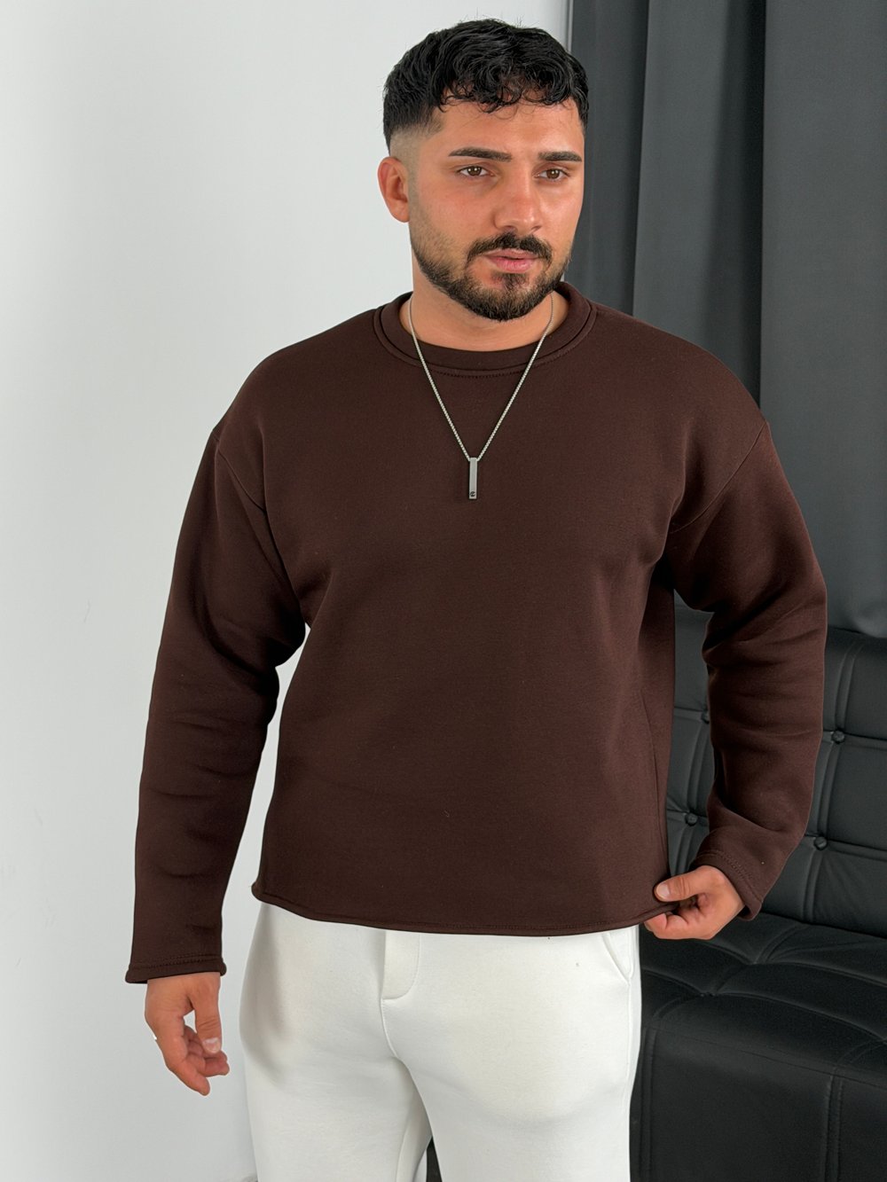 3 İplik Şardonlu Boxy Kalıp Sweatshirt Acı Kahve