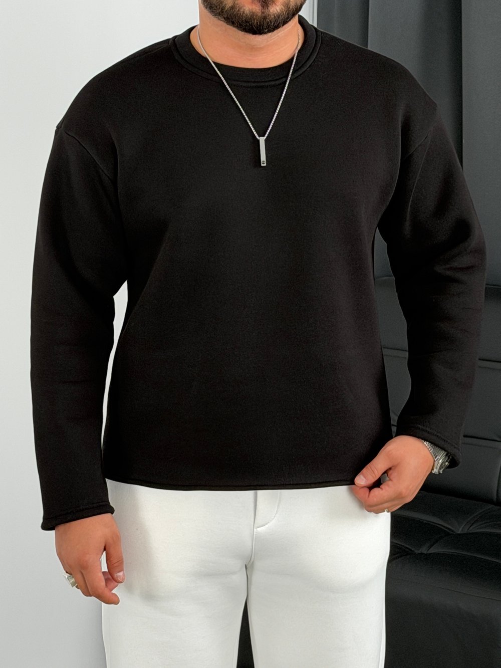 3 İplik Şardonlu Boxy Kalıp Sweatshirt Siyah