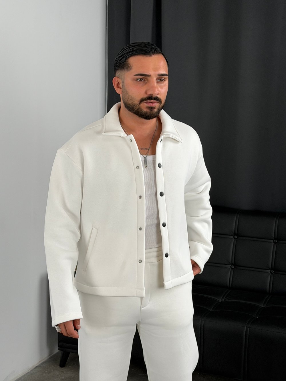 3 İplik Şardonlu Boxy Premium Ceket Beyaz