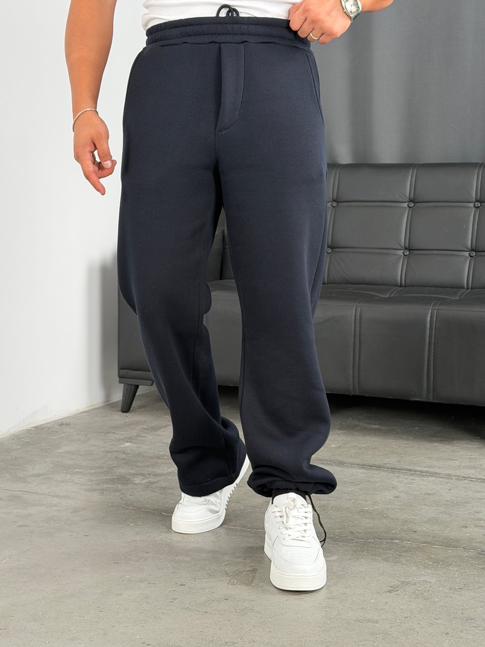 3 İplik Şardonlu Stoperli Baggy Pantolon Lacivert