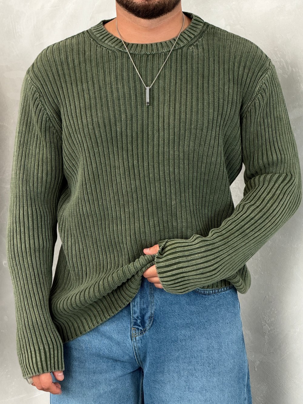 Asit Yıkama %100 Triko Bisiklet Yaka Sweatshirt Yeşil