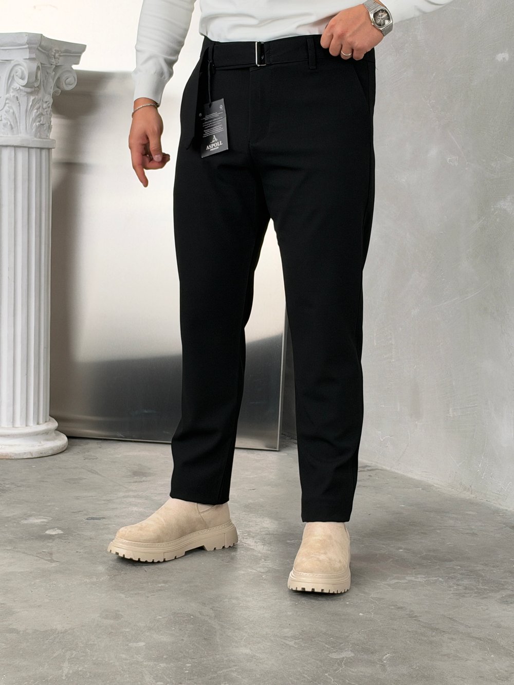 Asp Kendinden Kemerli Premium Duble Paça Kumaş Pantolon Siyah