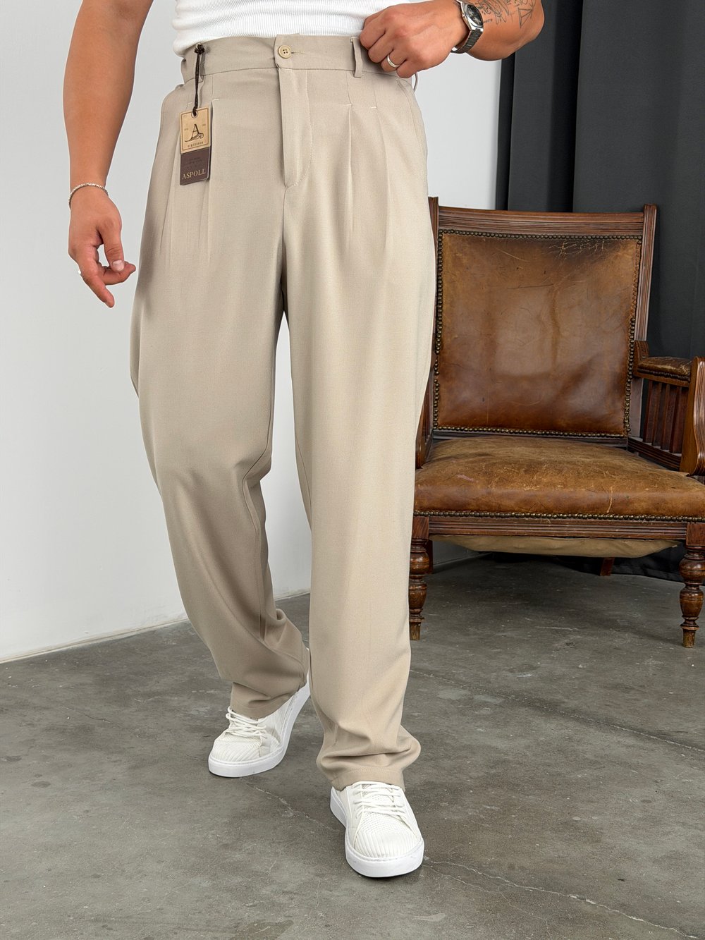 BASİC PİLELİ SÜPER BAGGY KUMAŞ PANTOLON BEJ