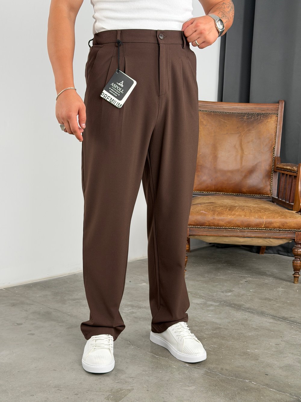 BASİC PİLELİ SÜPER BAGGY KUMAŞ PANTOLON ACI KAHVE