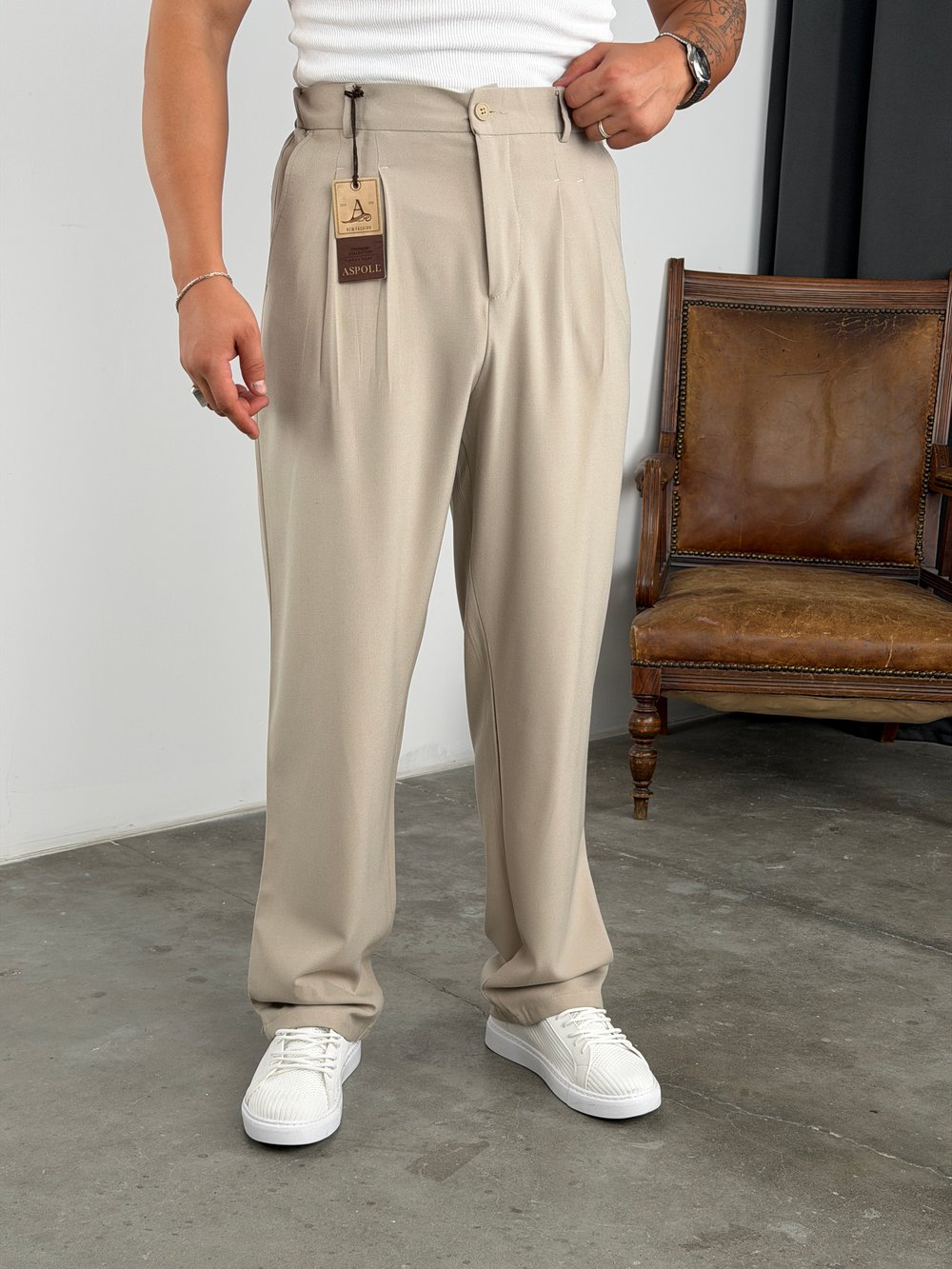 BASİC PİLELİ SÜPER BAGGY KUMAŞ PANTOLON BEJ