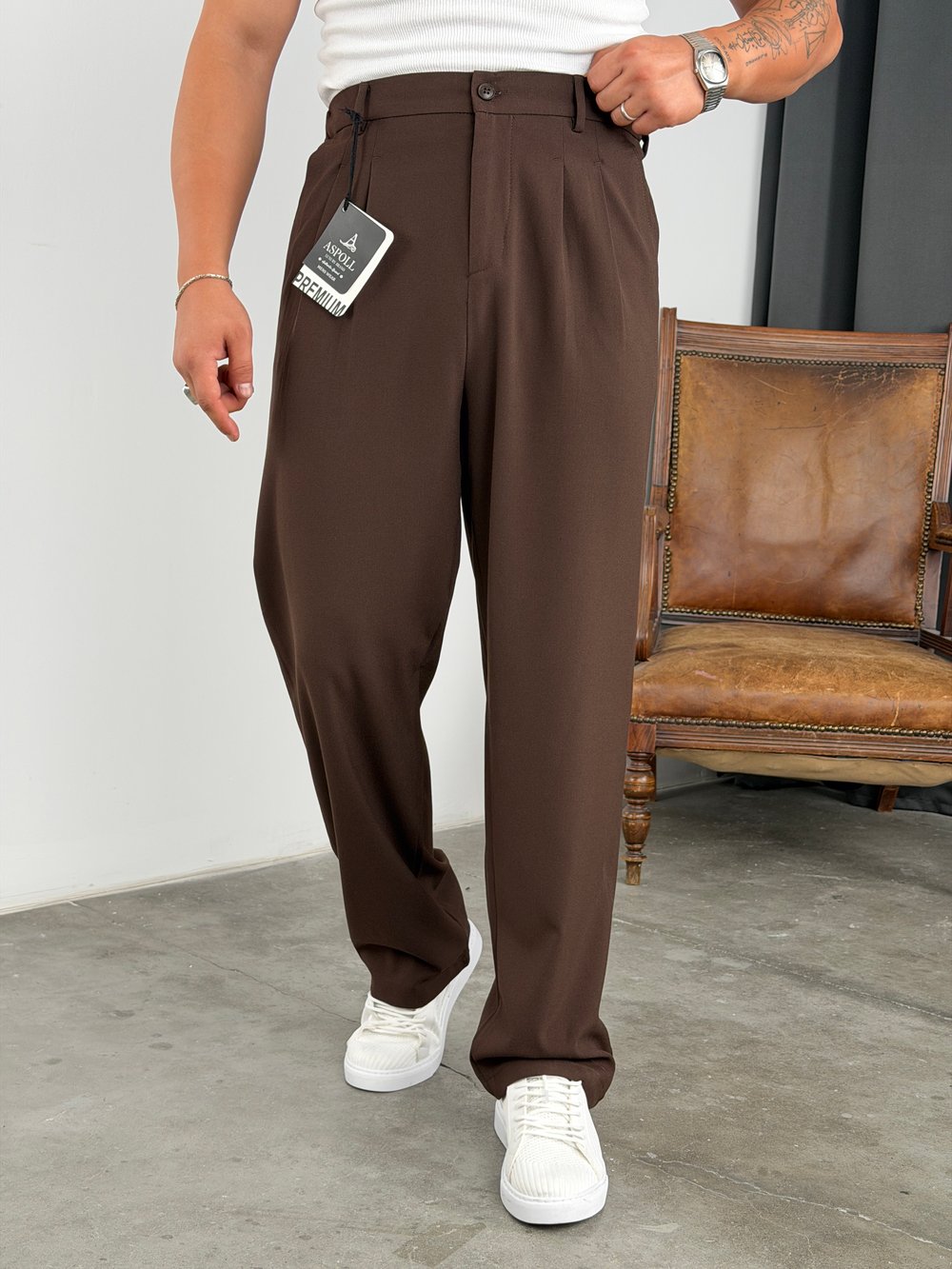 BASİC PİLELİ SÜPER BAGGY KUMAŞ PANTOLON ACI KAHVE