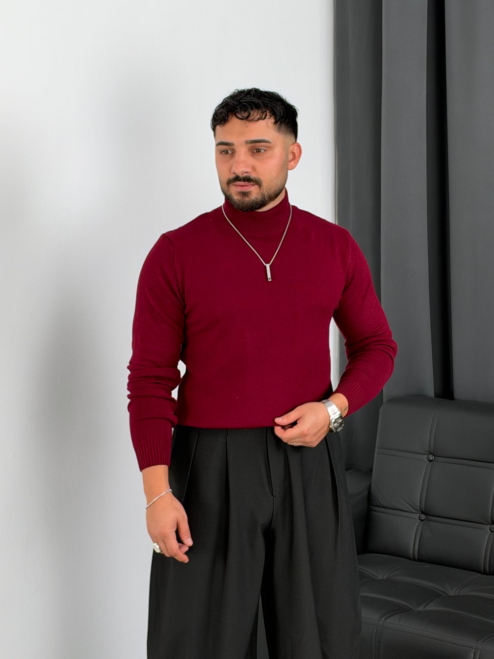 Basic Triko Balıkçı Yaka Sweatshirt Bordo
