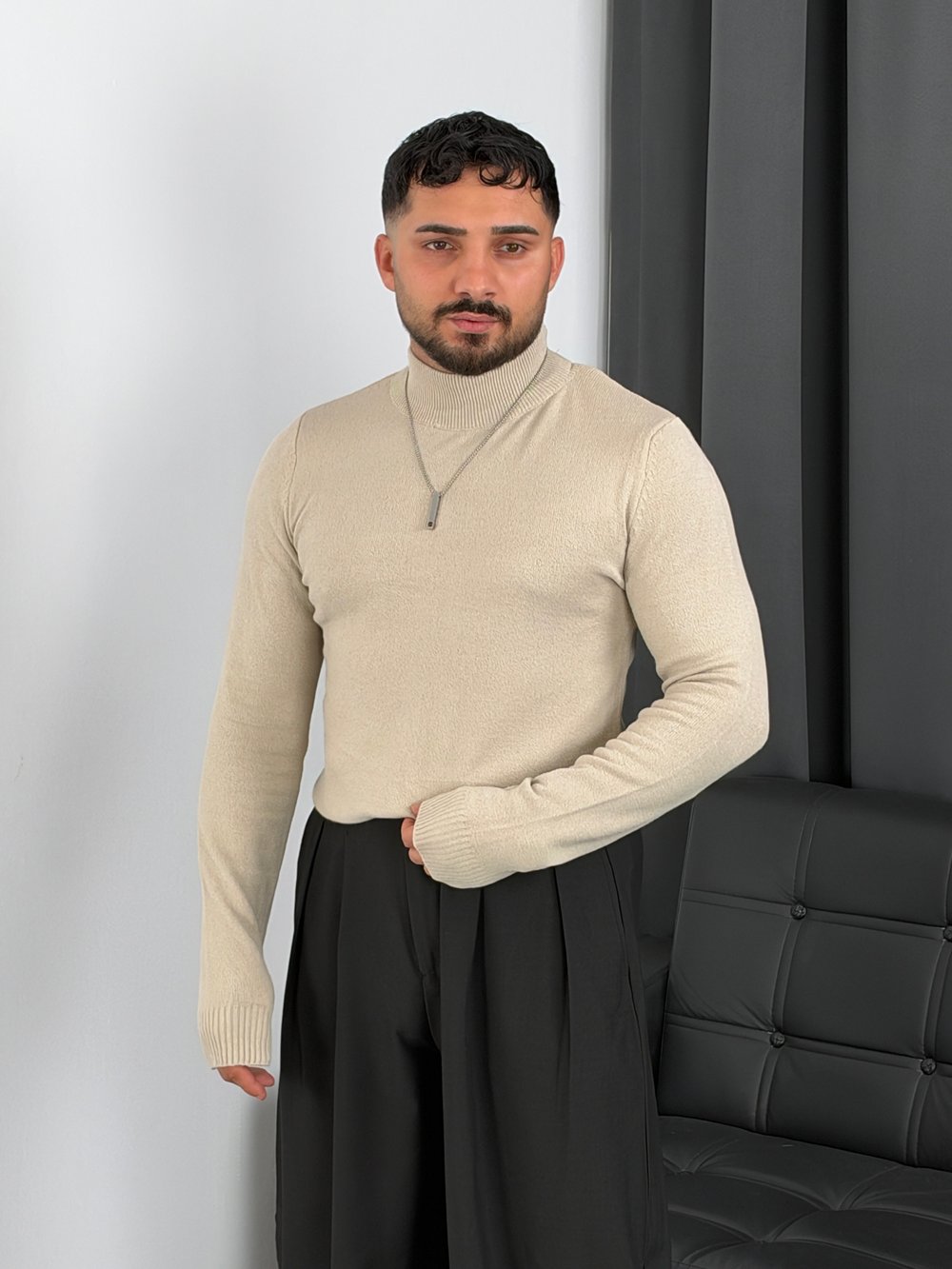 Basic Triko Balıkçı Yaka Sweatshirt Krem