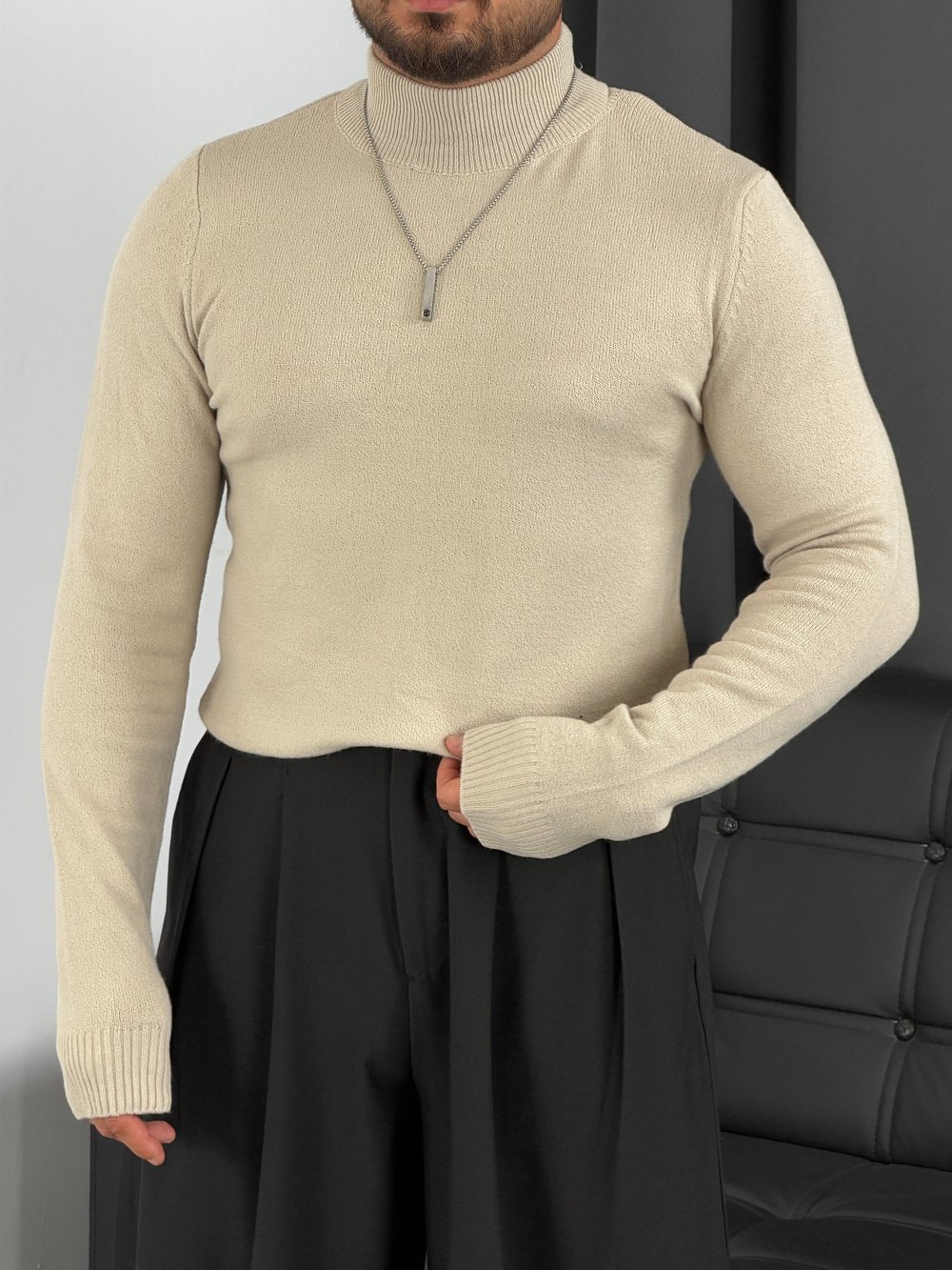 Basic Triko Balıkçı Yaka Sweatshirt Krem