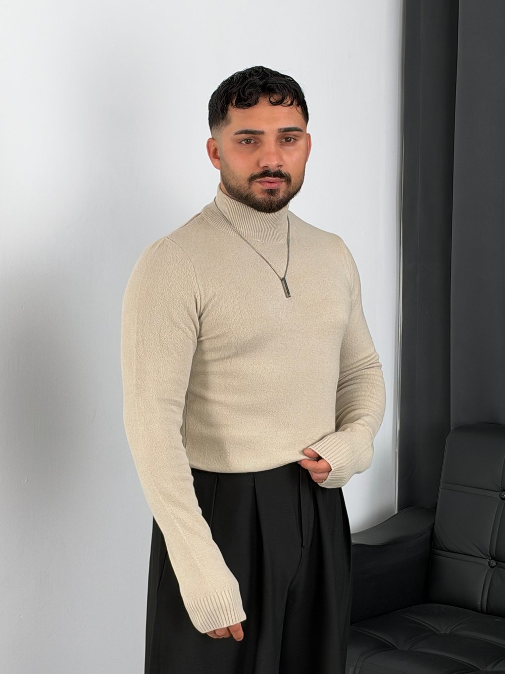 Basic Triko Balıkçı Yaka Sweatshirt Krem