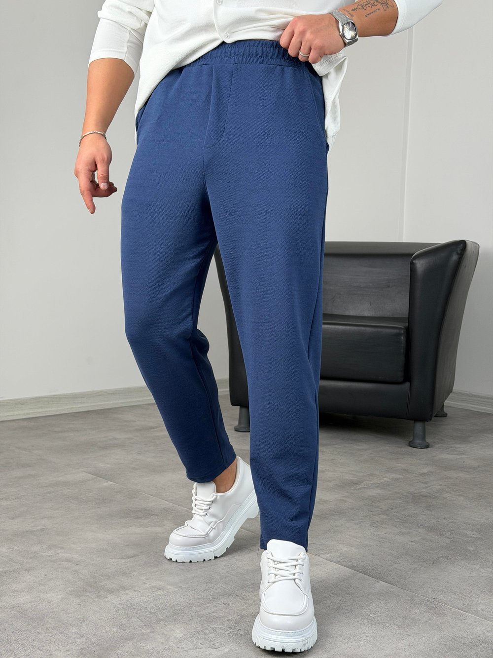 BELİ TAM LASTİK KREP BOYFRİEND PANTOLON LACİVERT