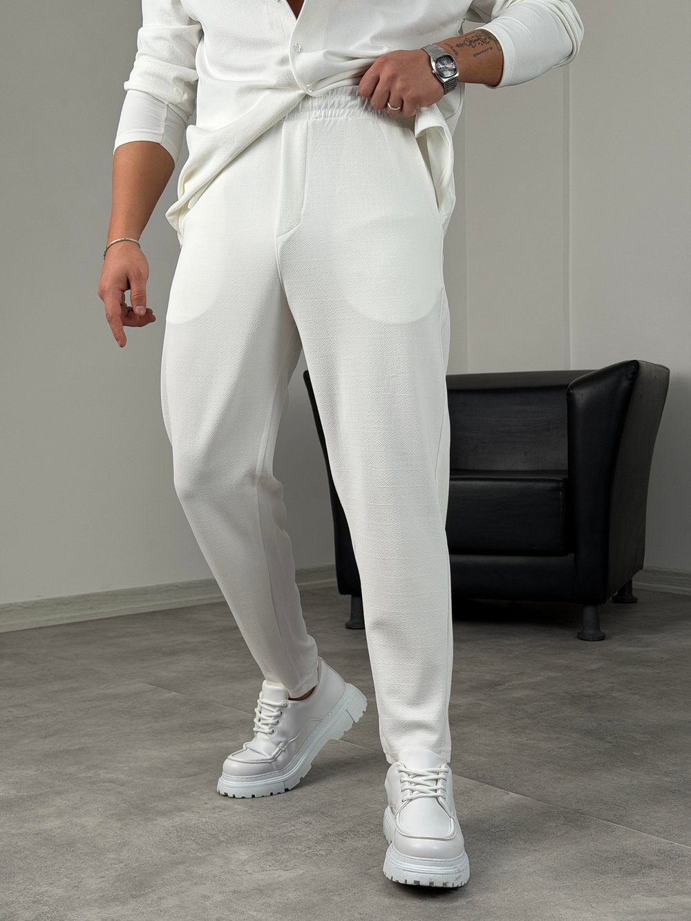 BELİ TAM LASTİK KREP BOYFRİEND PANTOLON BEYAZ