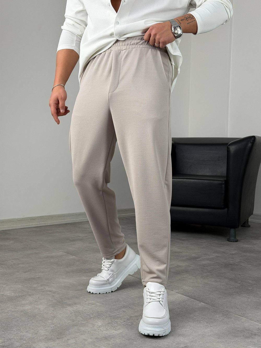 BELİ TAM LASTİK KREP BOYFRİEND PANTOLON GRİ