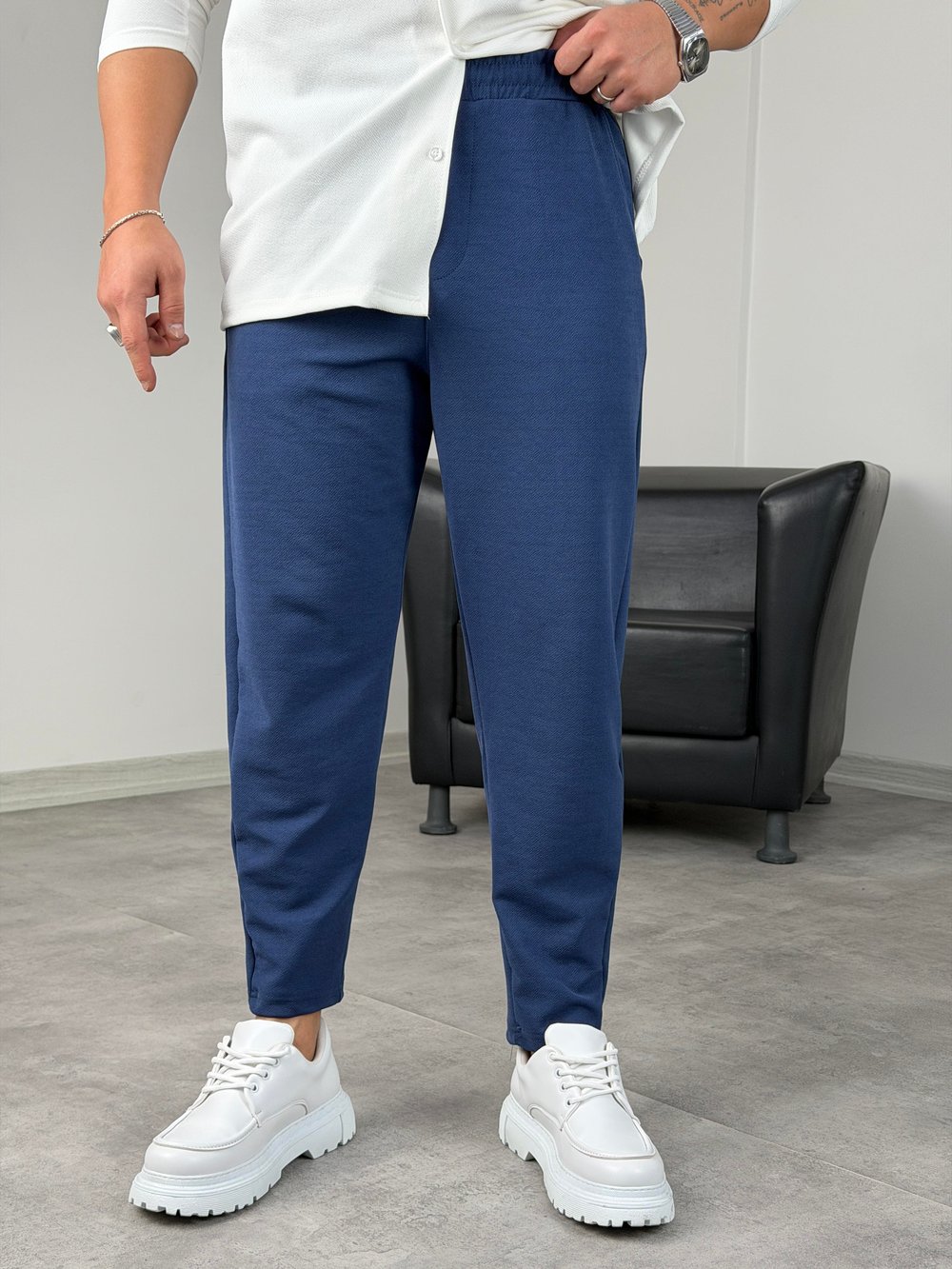 BELİ TAM LASTİK KREP BOYFRİEND PANTOLON LACİVERT