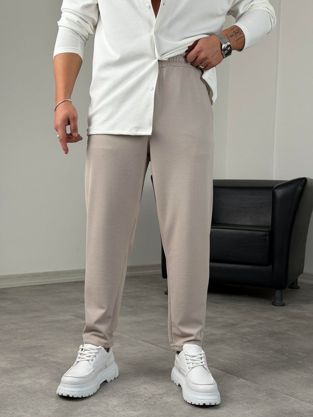 BELİ TAM LASTİK KREP BOYFRİEND PANTOLON GRİ
