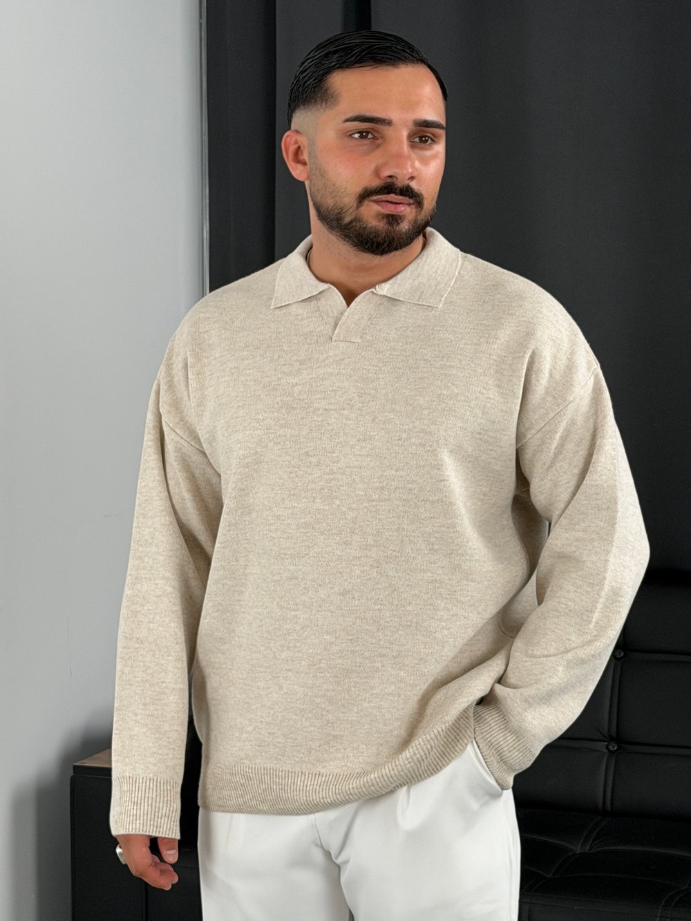Çelik Örgü Oversize Polo Yaka Triko Sweatshirt Bej