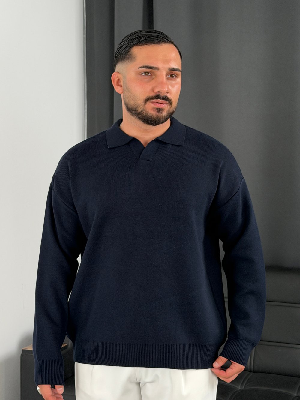 Çelik Örgü Oversize Polo Yaka Triko Sweatshirt Lacivert