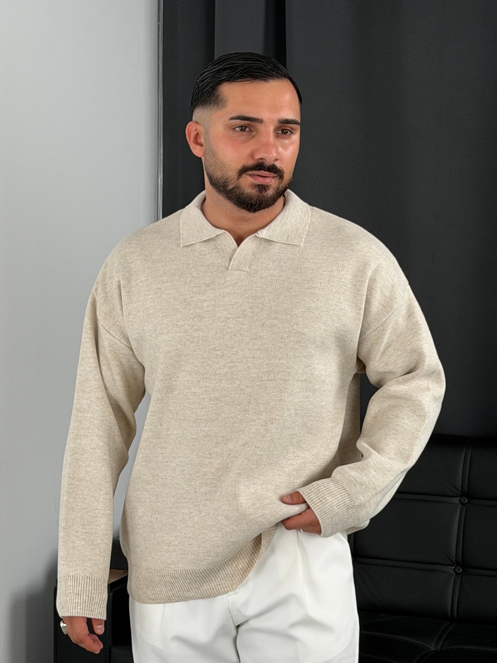 Çelik Örgü Oversize Polo Yaka Triko Sweatshirt Bej