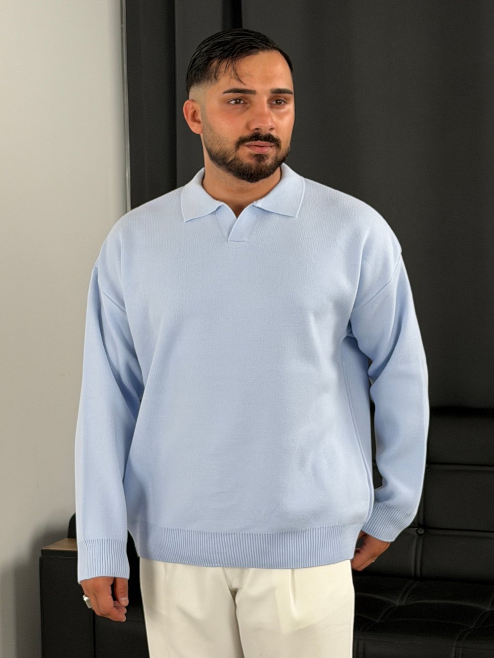 Çelik Örgü Oversize Polo Yaka Triko Sweatshirt Bebe Mavi