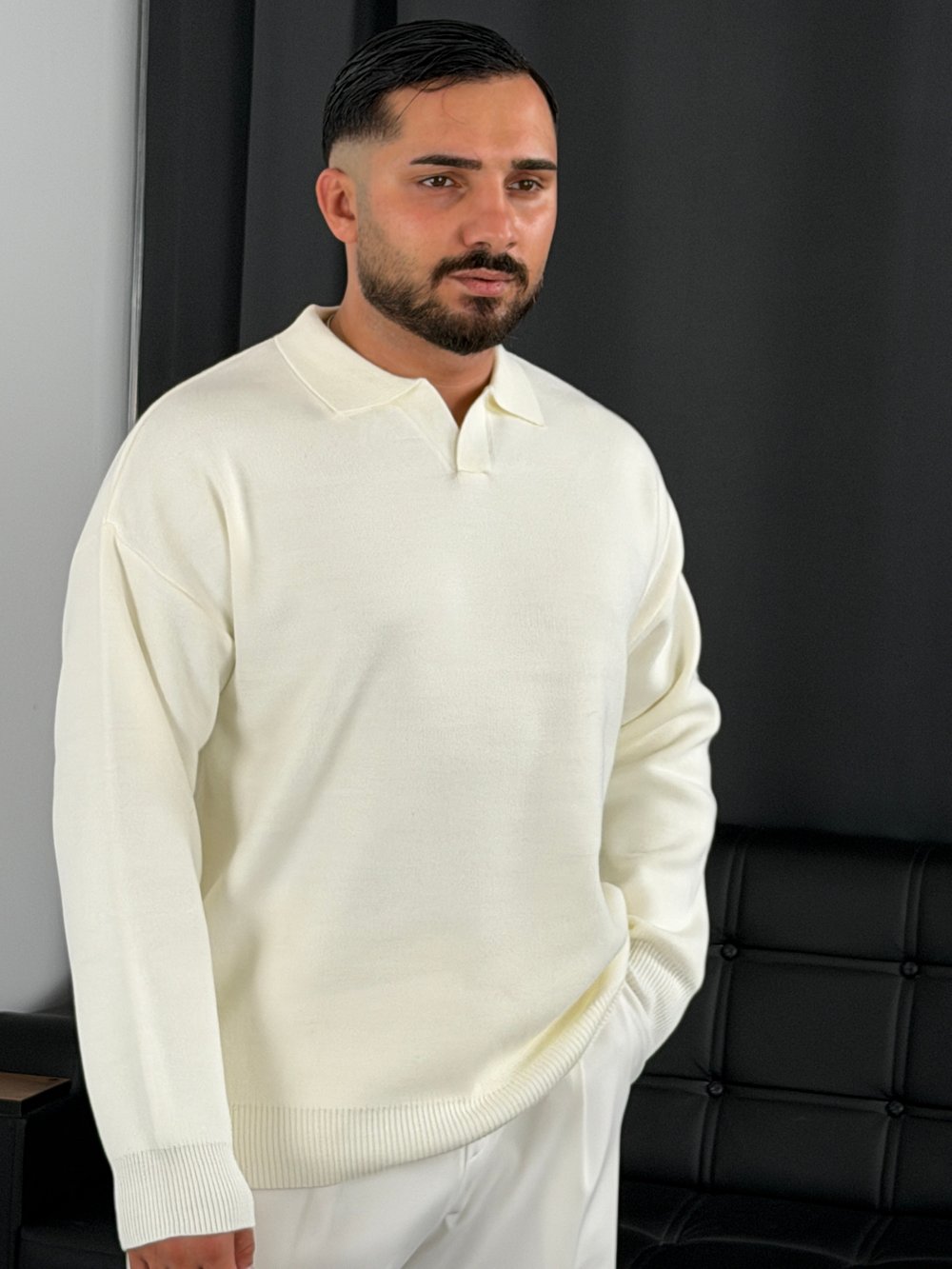 Çelik Örgü Oversize Polo Yaka Triko Sweatshirt Ekru