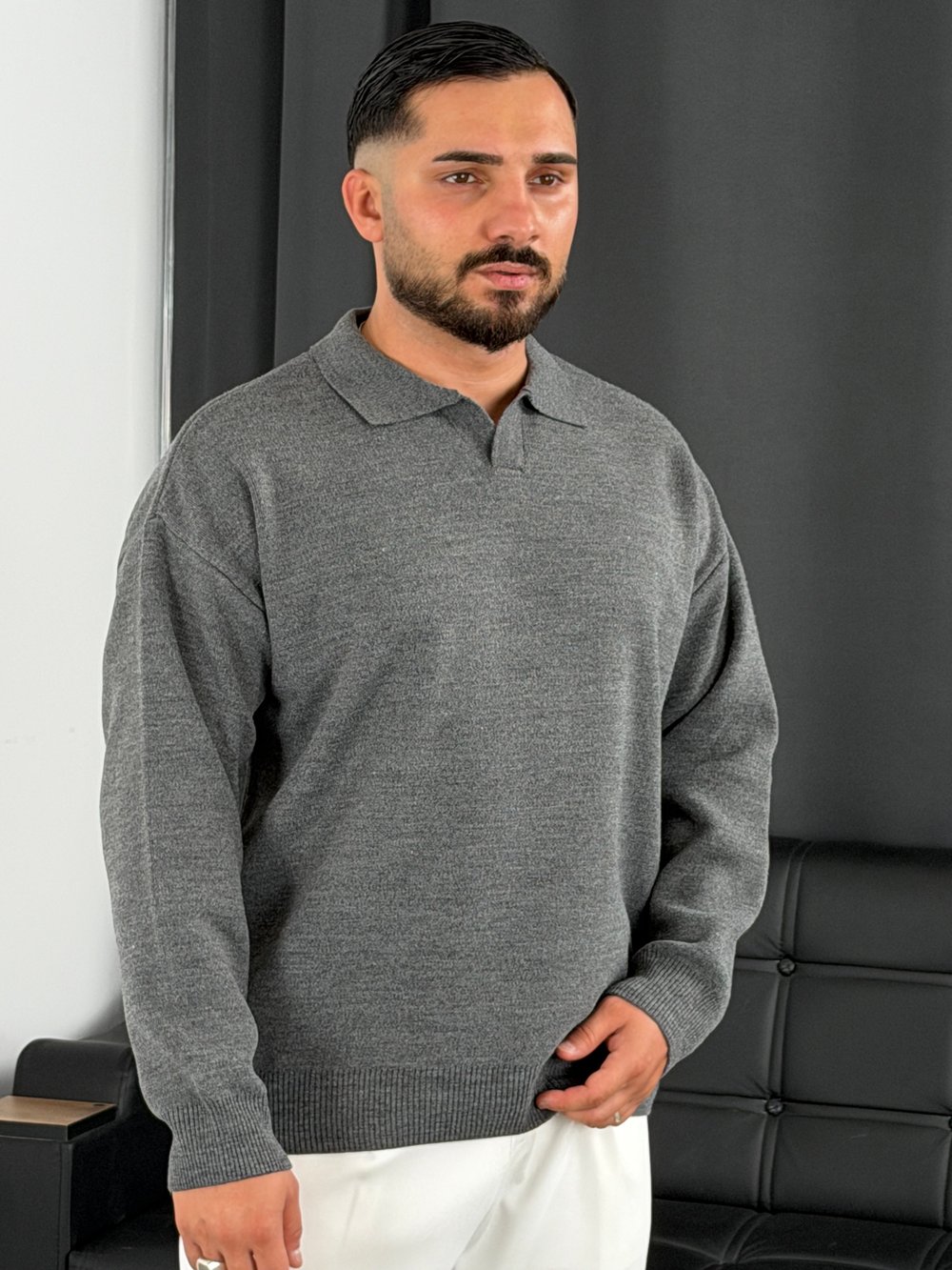 Çelik Örgü Oversize Polo Yaka Triko Sweatshirt Füme