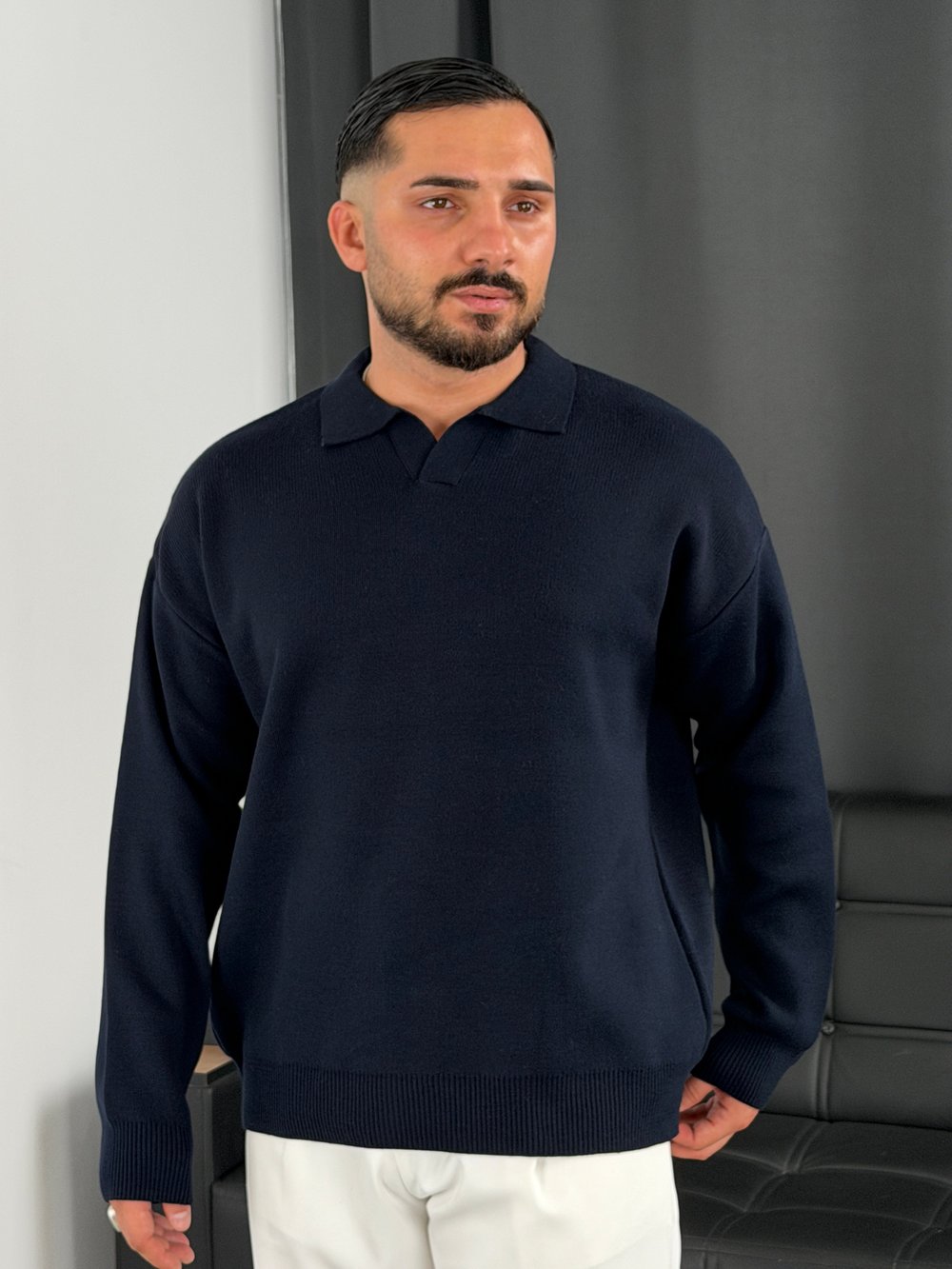 Çelik Örgü Oversize Polo Yaka Triko Sweatshirt Lacivert