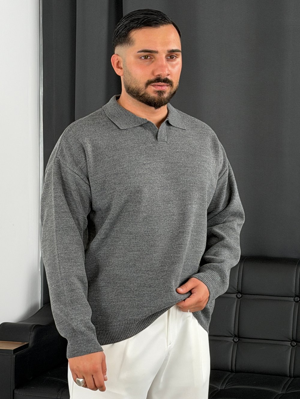 Çelik Örgü Oversize Polo Yaka Triko Sweatshirt Füme