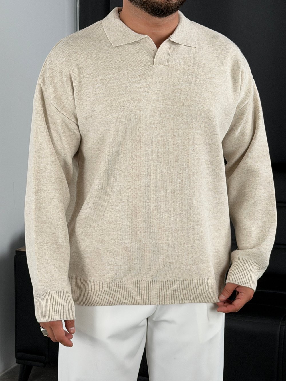 Çelik Örgü Oversize Polo Yaka Triko Sweatshirt Bej