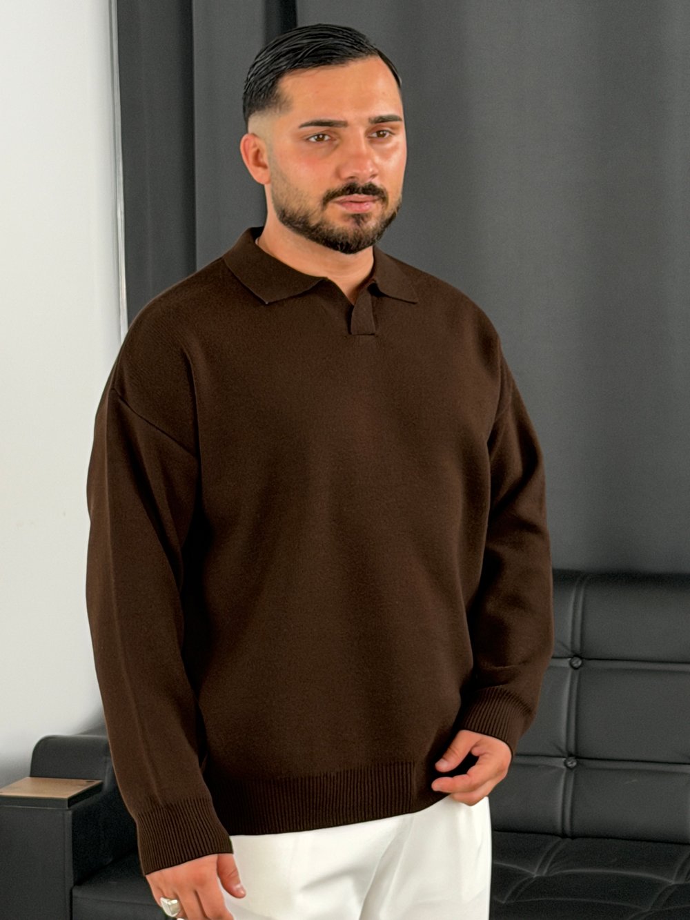 Çelik Örgü Oversize Polo Yaka Triko Sweatshirt Acı Kahve