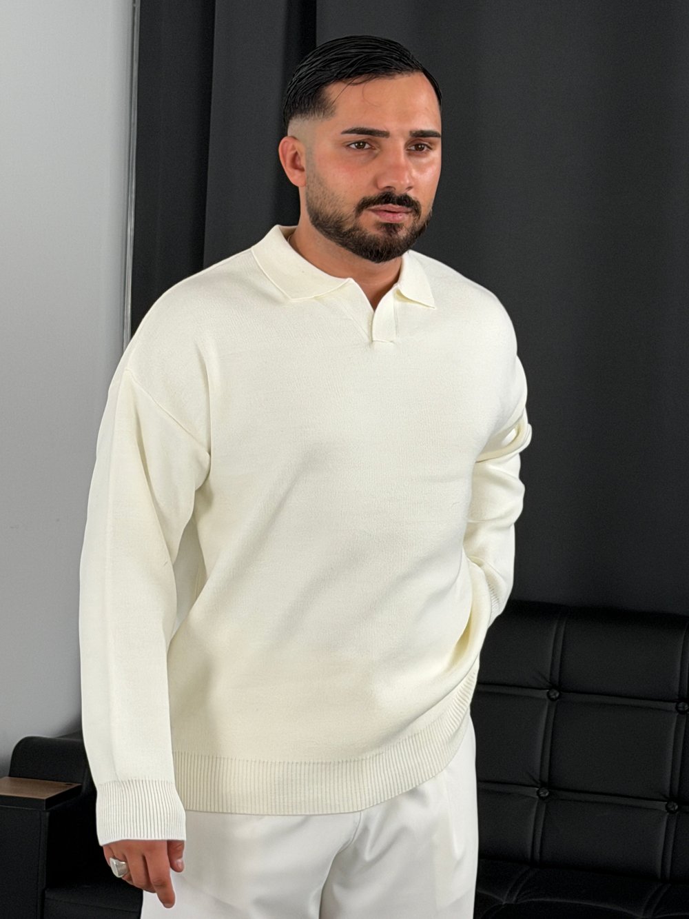 Çelik Örgü Oversize Polo Yaka Triko Sweatshirt Ekru