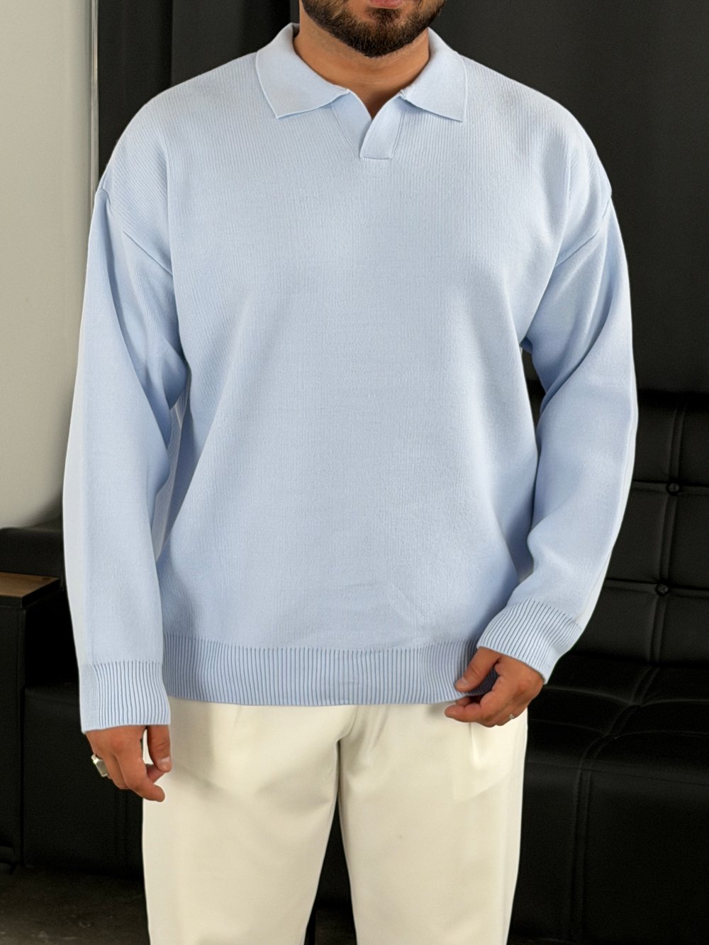 Çelik Örgü Oversize Polo Yaka Triko Sweatshirt Bebe Mavi