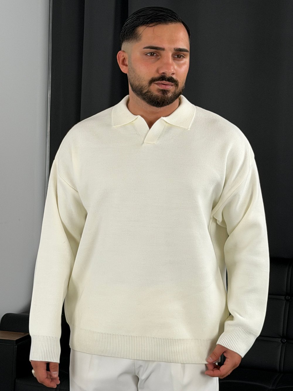 Çelik Örgü Oversize Polo Yaka Triko Sweatshirt Ekru