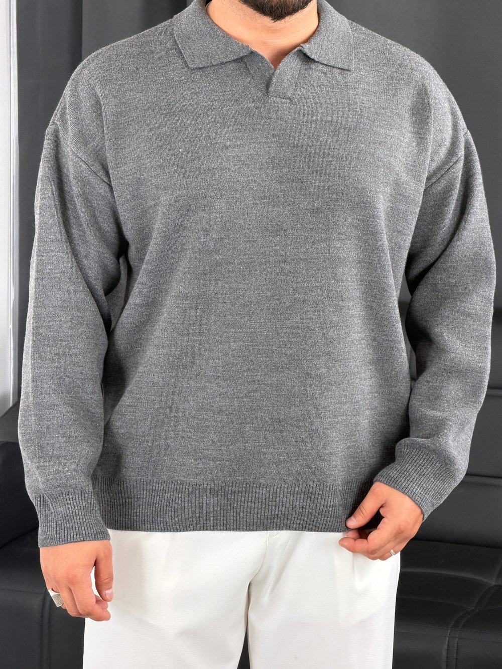 Çelik Örgü Oversize Polo Yaka Triko Sweatshirt Füme