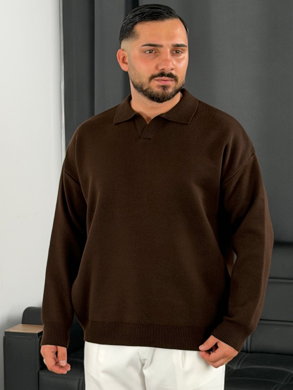 Çelik Örgü Oversize Polo Yaka Triko Sweatshirt Acı Kahve