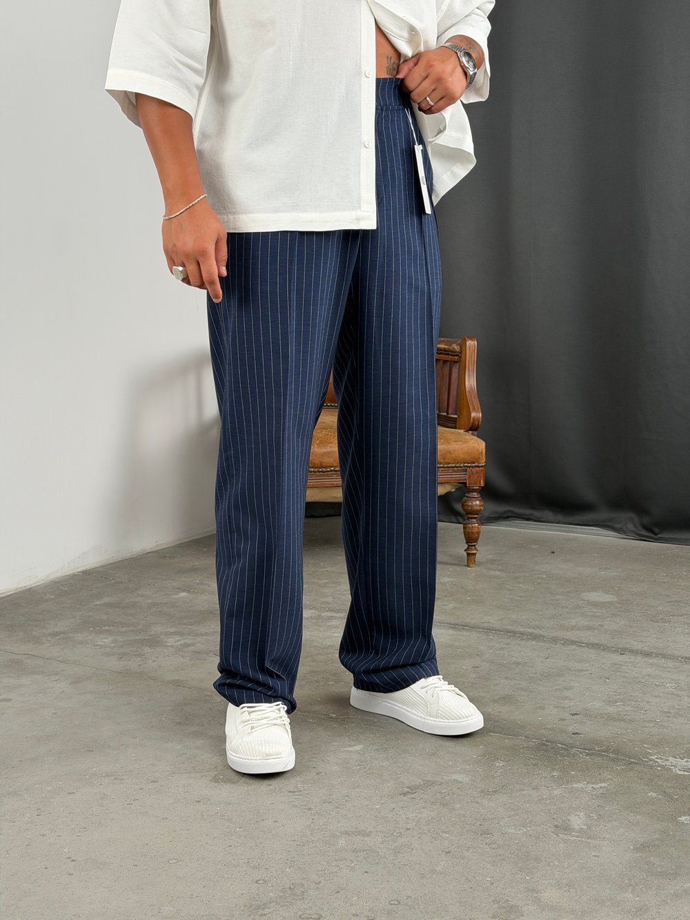 ÇİZGİLİ VİSKON SÜPER BAGGY KUMAŞ PANTOLON LACİVERT