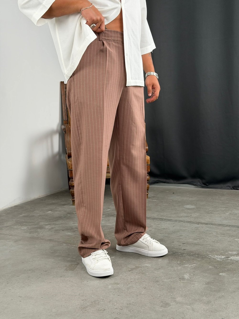 ÇİZGİLİ VİSKON SÜPER BAGGY KUMAŞ PANTOLON ACI KAHVE