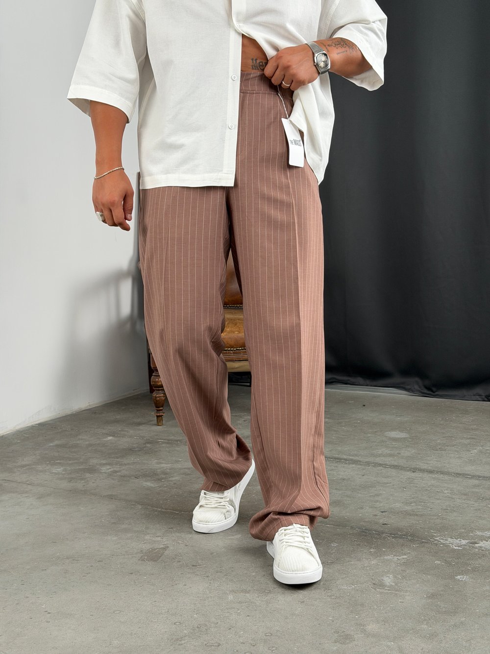 ÇİZGİLİ VİSKON SÜPER BAGGY KUMAŞ PANTOLON ACI KAHVE