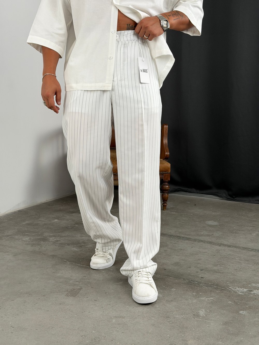 ÇİZGİLİ VİSKON SÜPER BAGGY KUMAŞ PANTOLON BEYAZ