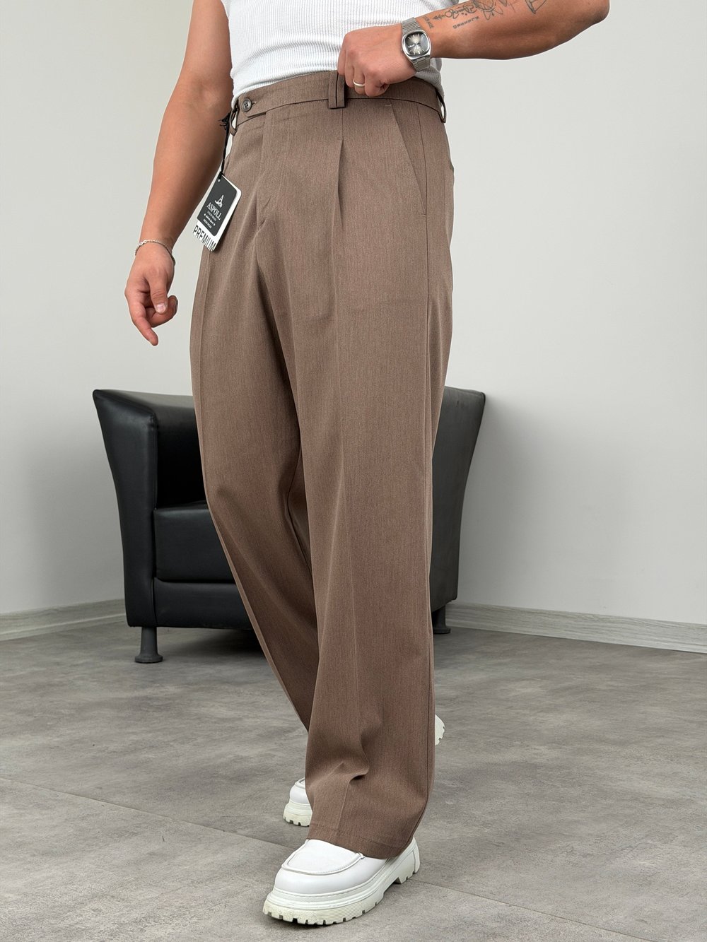 DİL DETAYLI PİLELİ VİSKON SUPER BAGGY PANTOLON KAHVERENGİ