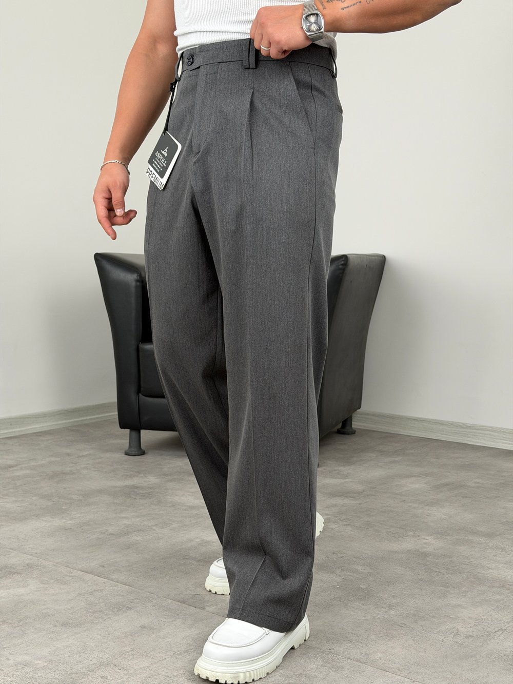 DİL DETAYLI PİLELİ VİSKON SUPER BAGGY PANTOLON ANTRASİT