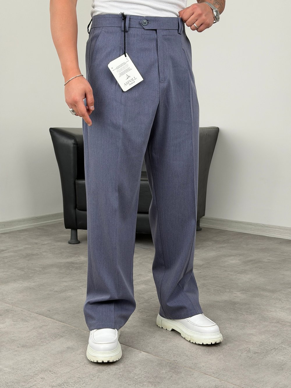 DİL DETAYLI PİLELİ VİSKON SUPER BAGGY PANTOLON İNDİGO