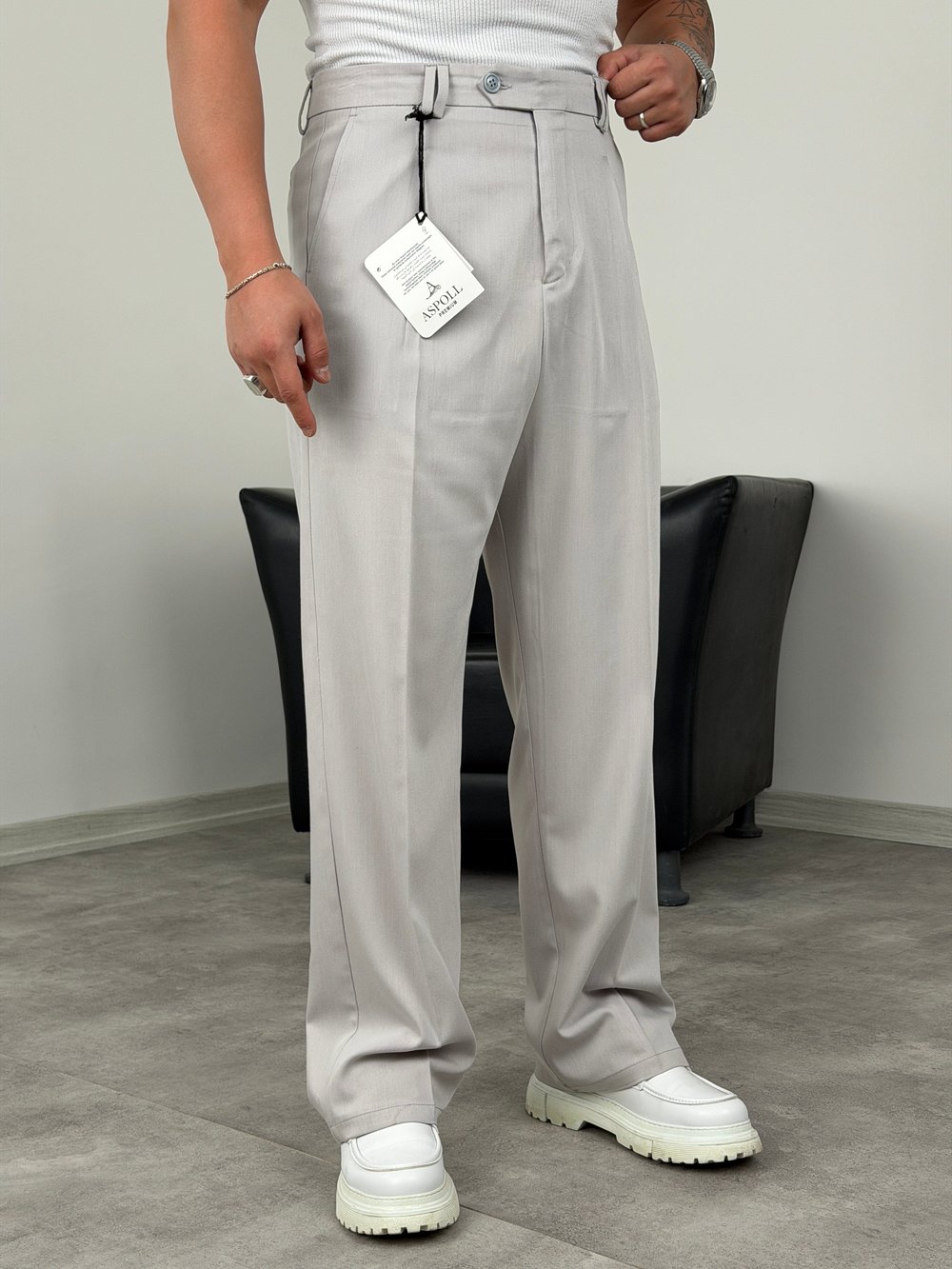 DİL DETAYLI PİLELİ VİSKON SUPER BAGGY PANTOLON TAŞ GRİ
