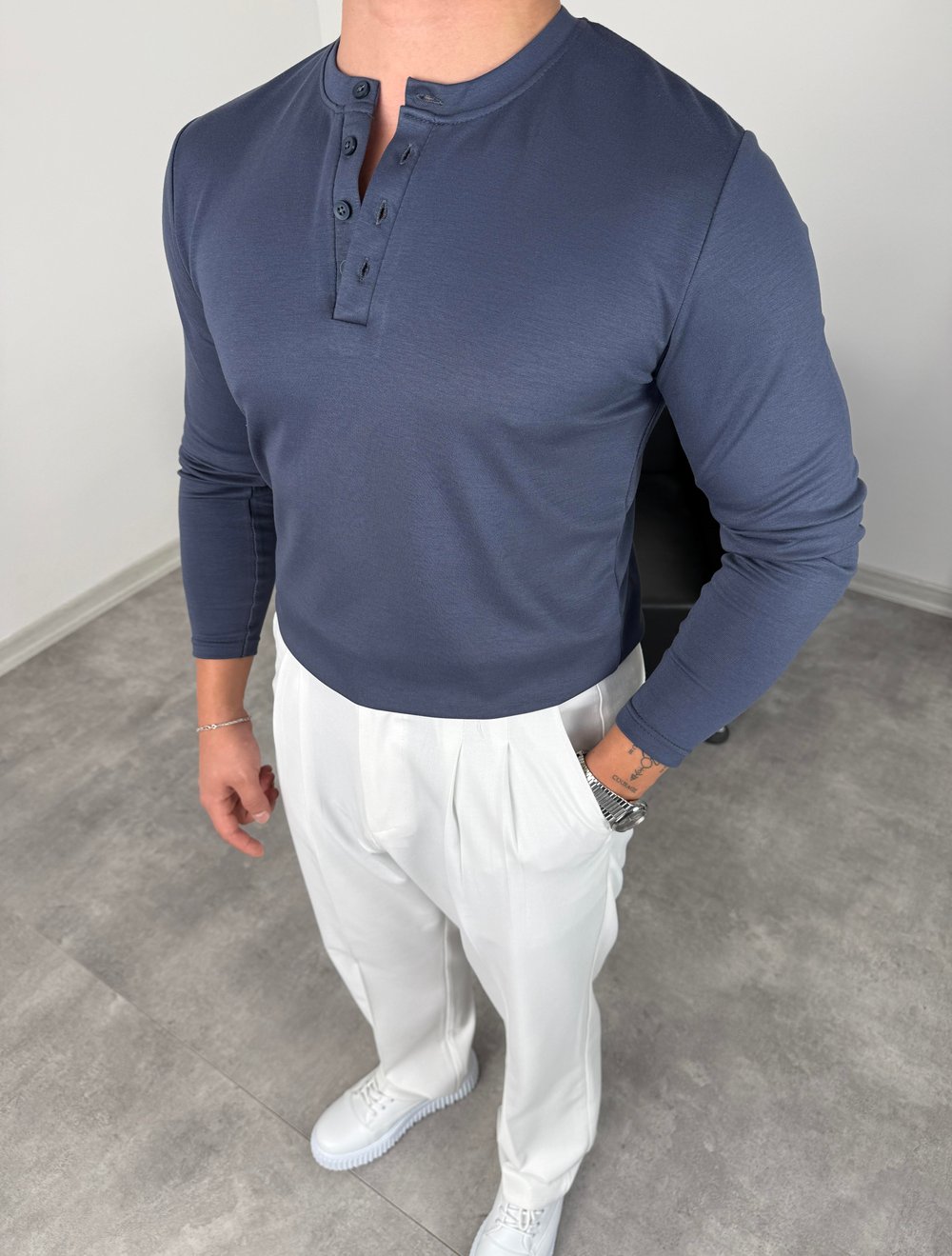 DÜĞMELİ MODAL KUMAŞ PREMİUM SWEATSHİRT İNDİGO